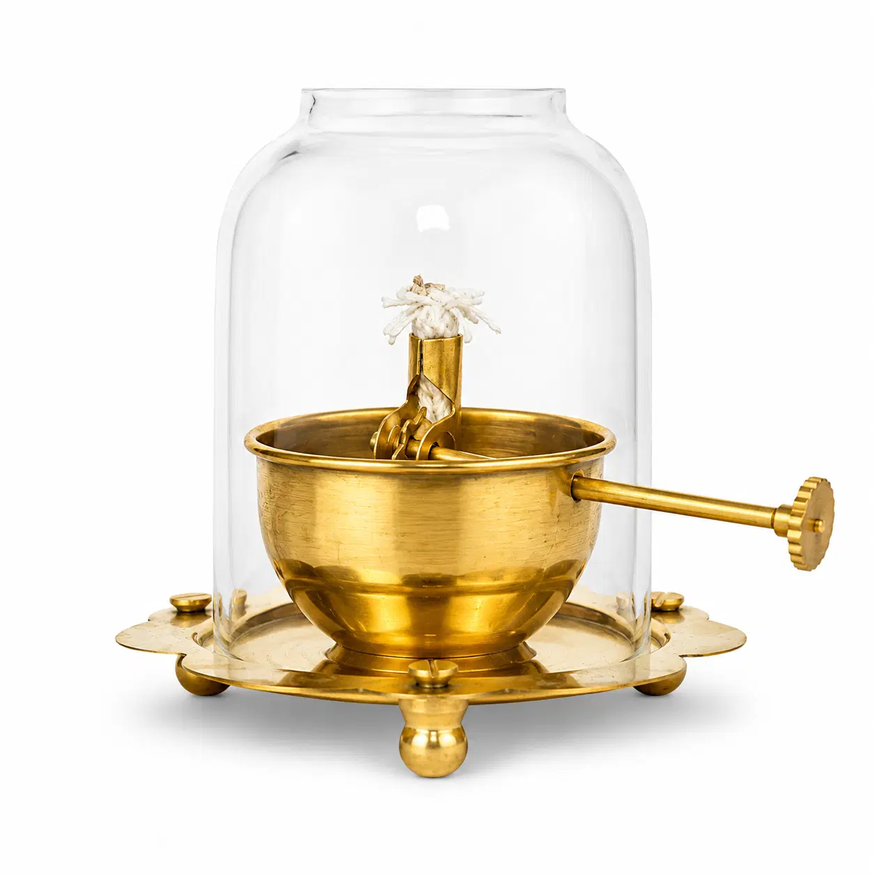 Brass Akhand Diya with Curved Glass Cover