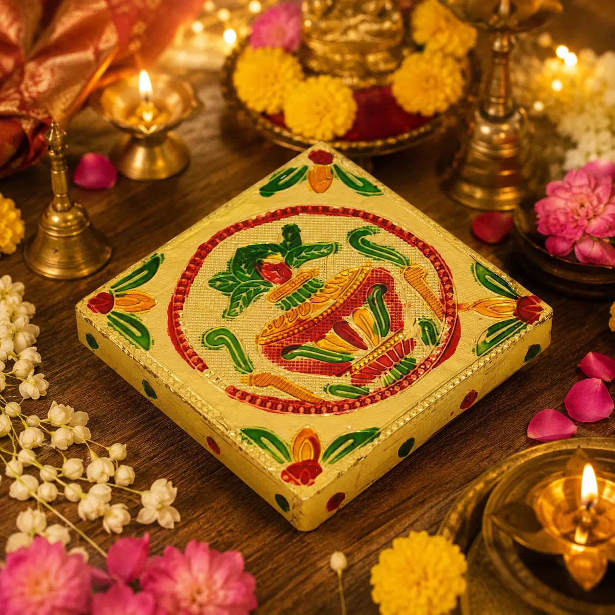 Elegant Meenakari Wooden Pooja Chowki