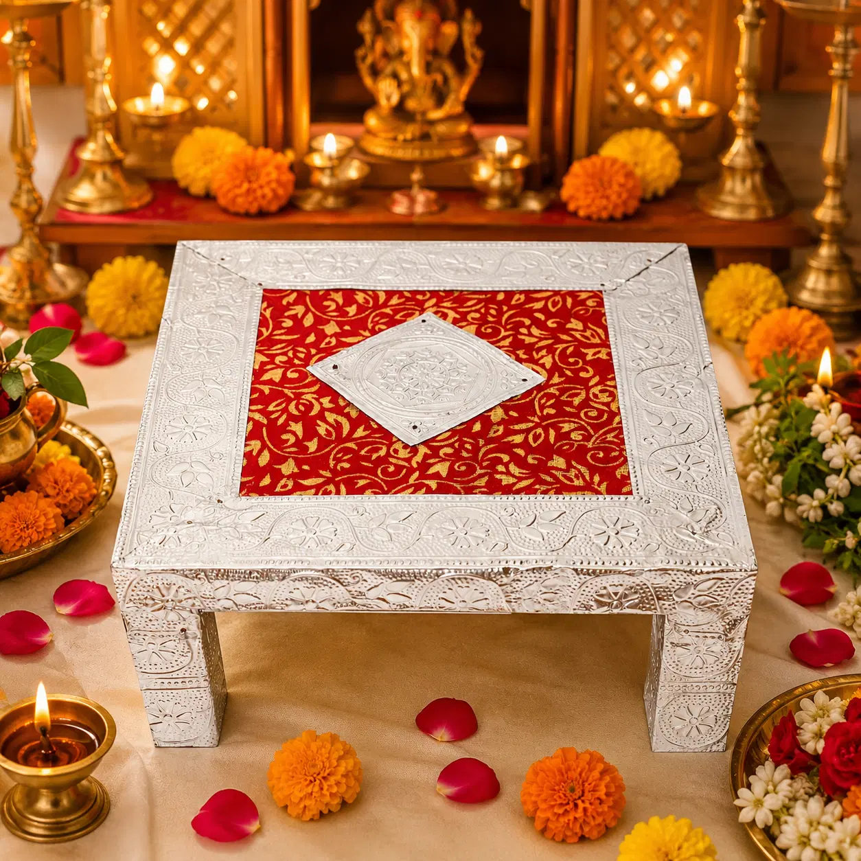 Elegant Silver Pooja Chowki for Deity Kalash