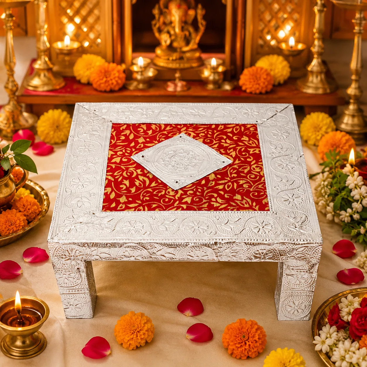 Elegant Silver Pooja Chowki for Deity Kalash