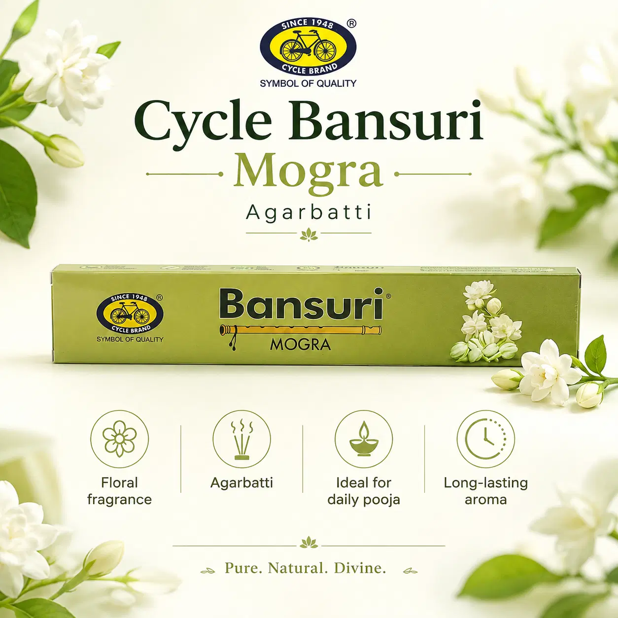 Cycle Bansuri Mogra Agarbatti | Original Cycle Pure Jasmine Incense Sticks for Daily Pooja
