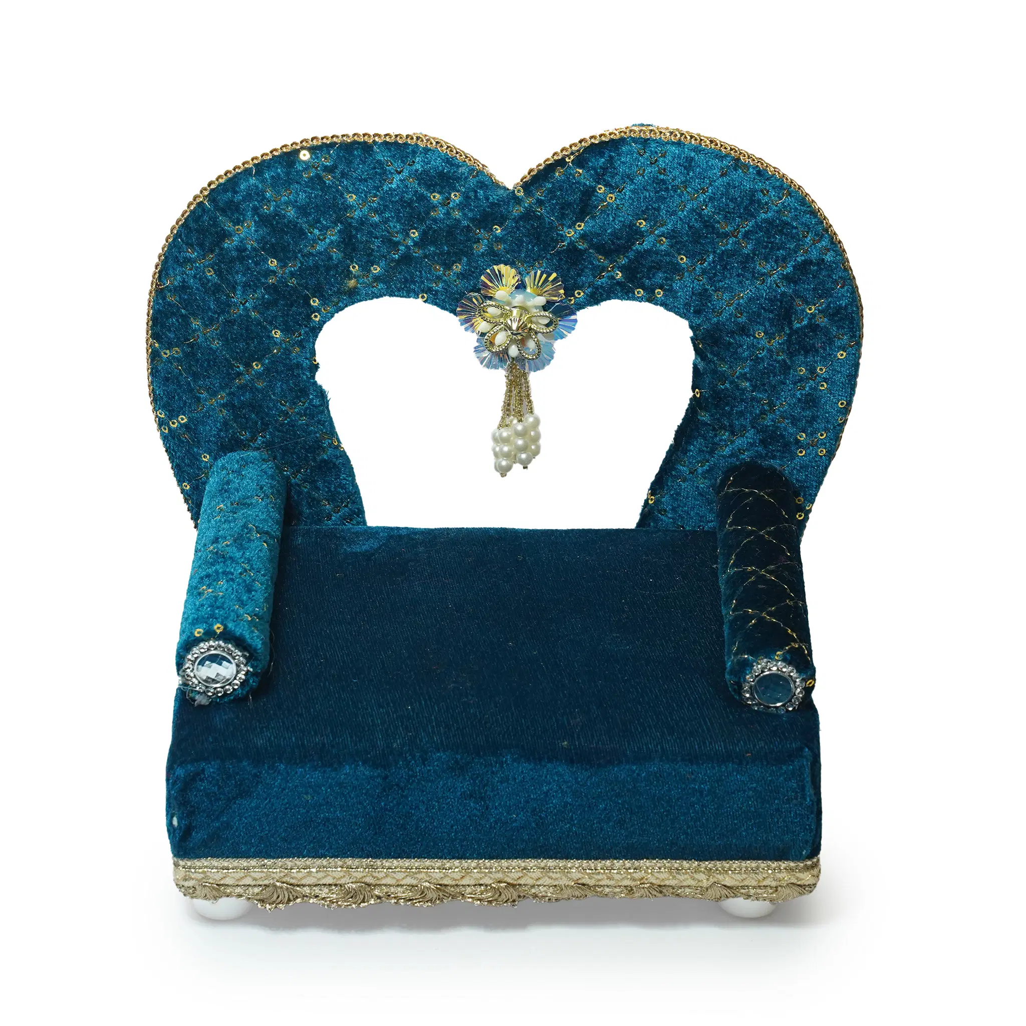 Royal Blue Heart Shaped Velvet Ladoo Gopal Bed with Gold Lace Work