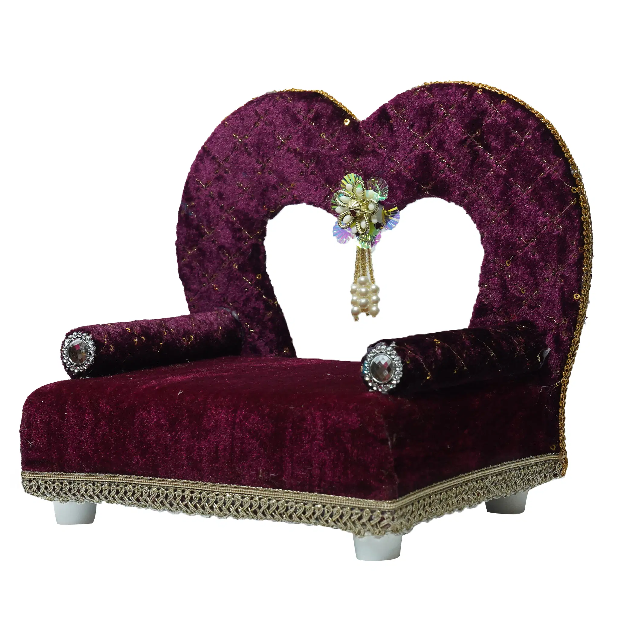 Dark Maroon Heart Shaped Velvet Ladoo Gopal Bed with Gold Lace Work