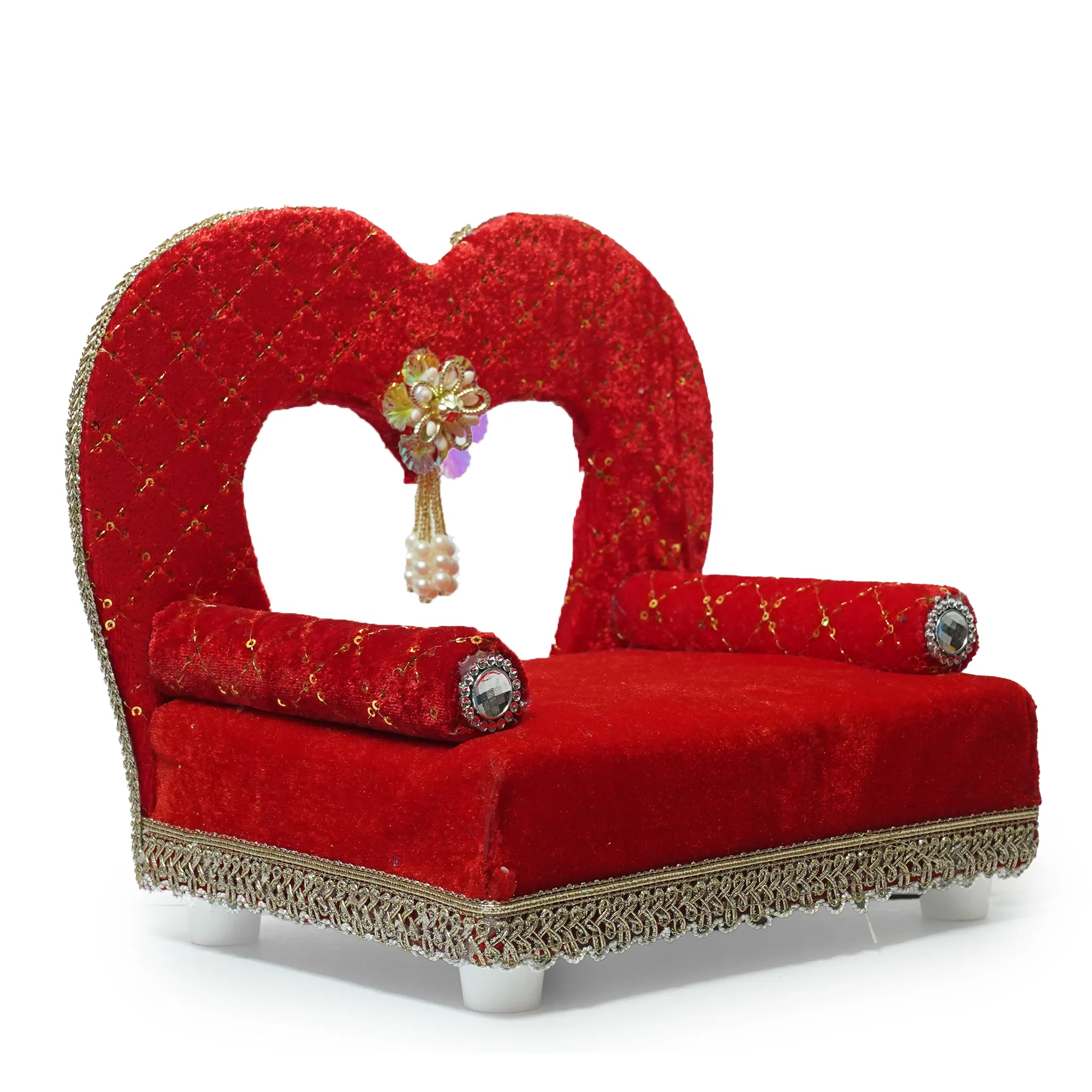 Red Heart Shaped Velvet Ladoo Gopal Bed with Gold Lace Work