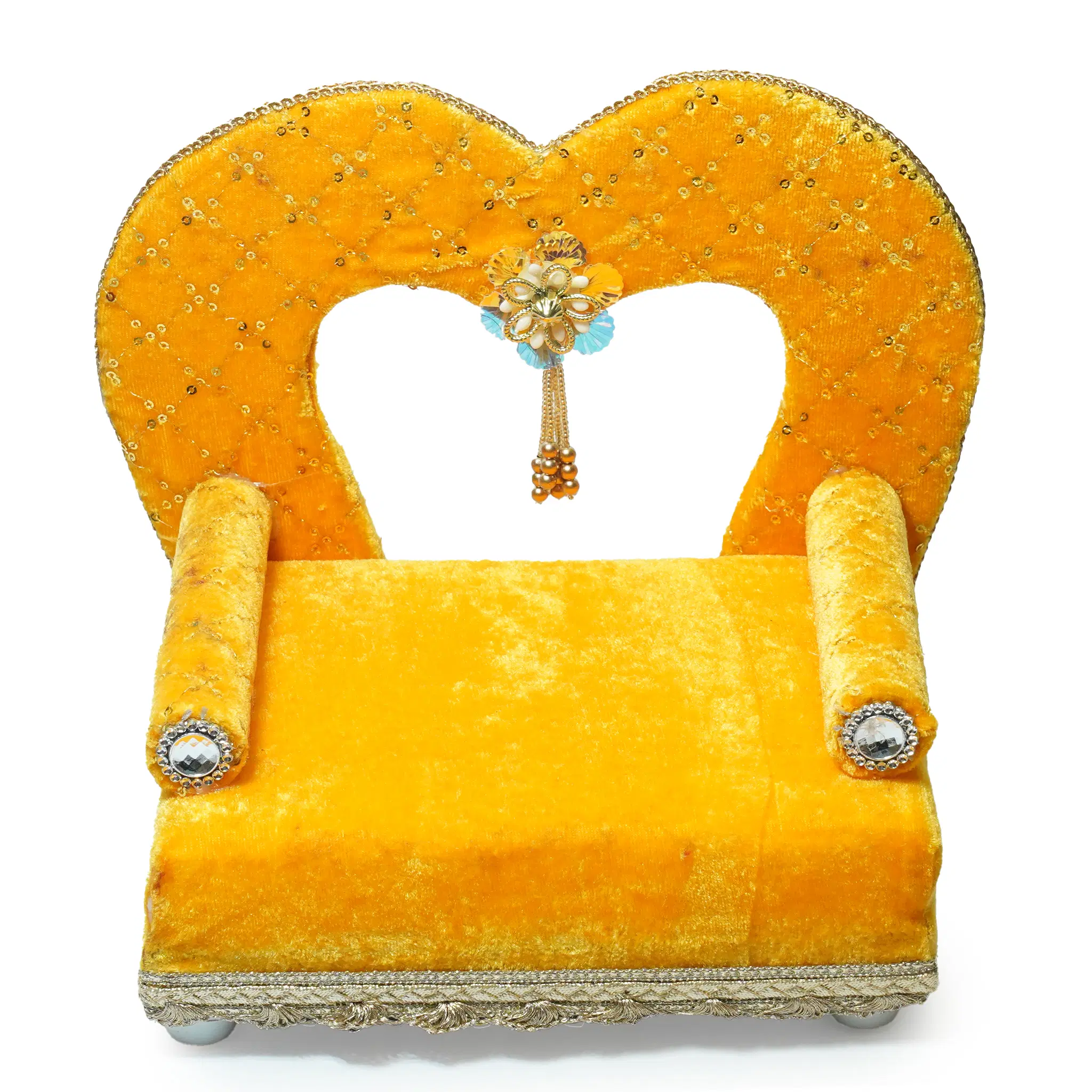 Yellow Heart Shaped Velvet Ladoo Gopal Bed with Gold Lace Work