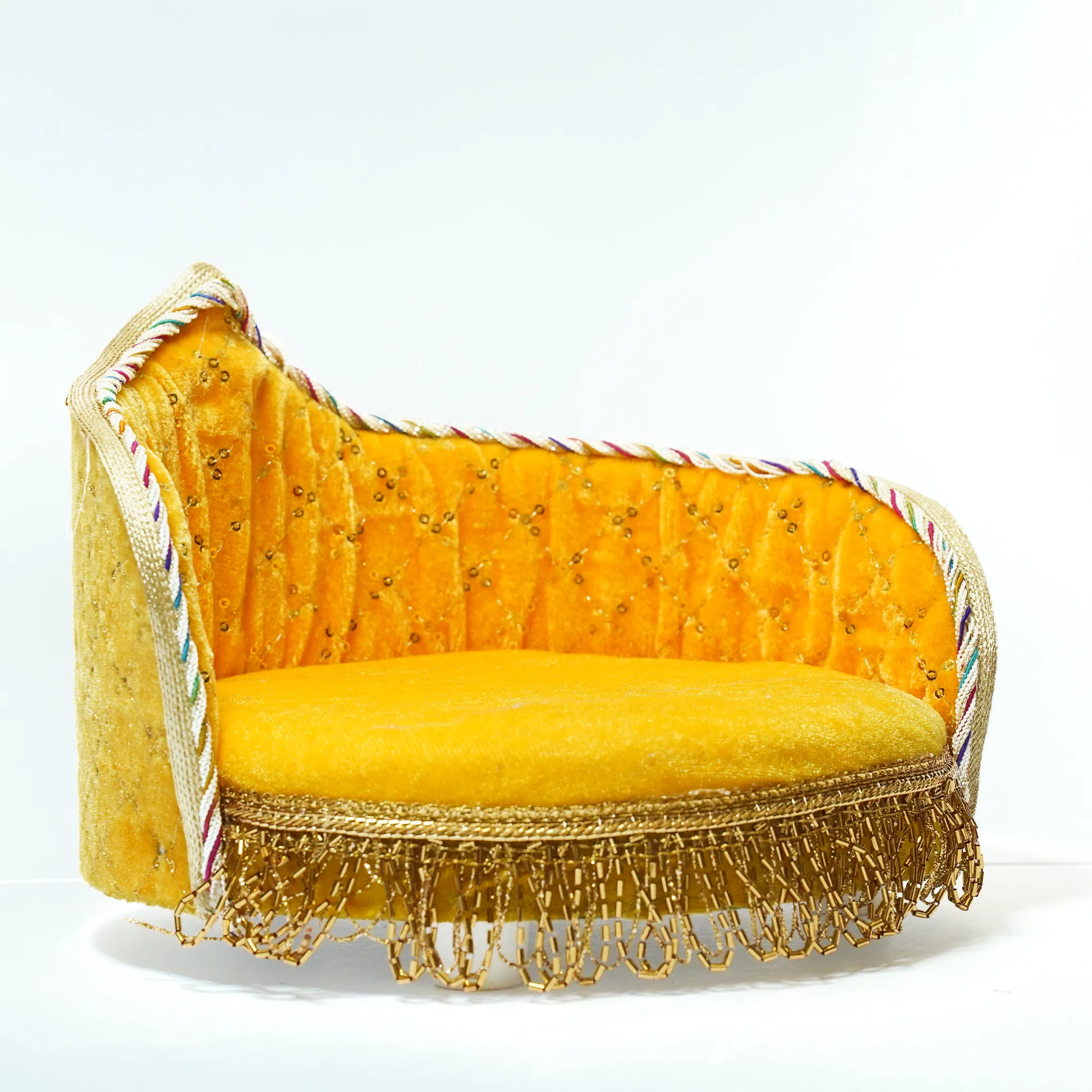 Yellow Velvet Round Shape Ladoo Gopal Bed with Decorative Lace Work