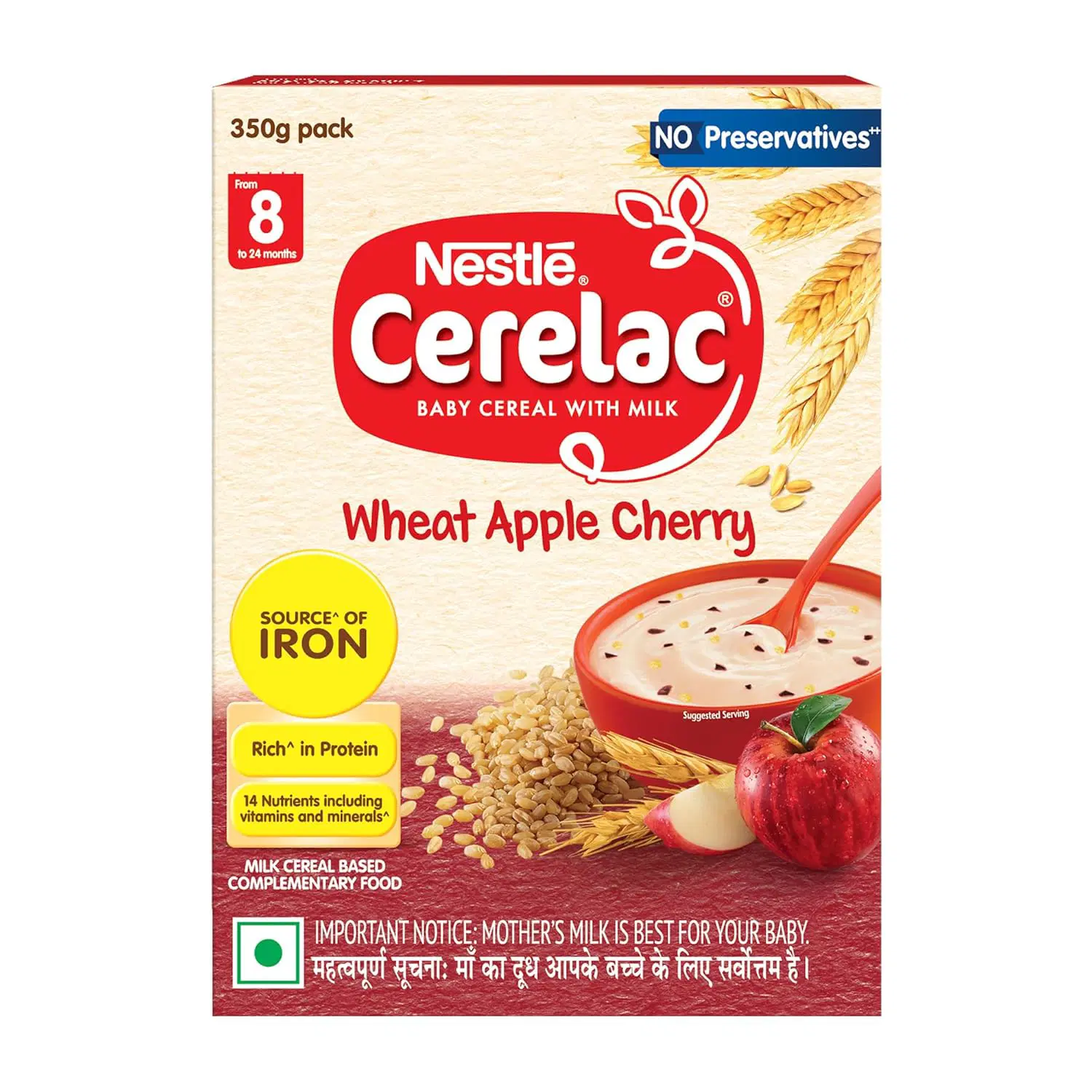 CERELAC Baby Food Cereal | Wheat Apple Cherry for 8 to 24 Months Baby | Instant Cereal | 350gm