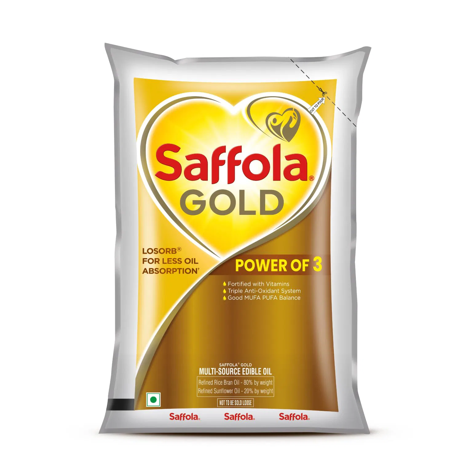 Saffola Gold Refined Cooking oil | Power of 3 - Balance of Good Fats, Triple Anti-Oxidant System & Fortified with Vitamins | Multi-Source Edible Rice Bran & Corn Oil, 1 Litre