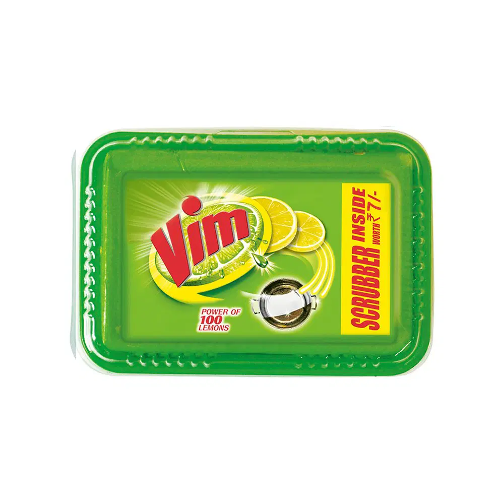 Vim Dishwash Bar Lemon Tub, With Power Of 100 Lemon, Fastest On Burnt Food Stains, Comes With A Sturdy Re-Usable Box And Free Scrubber, 500 gm
