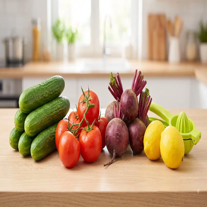 Salad Cucumber (300g) + Tomatoes (300g) + Beetroot (300g) + Lemon (2nos) @Rs49.
