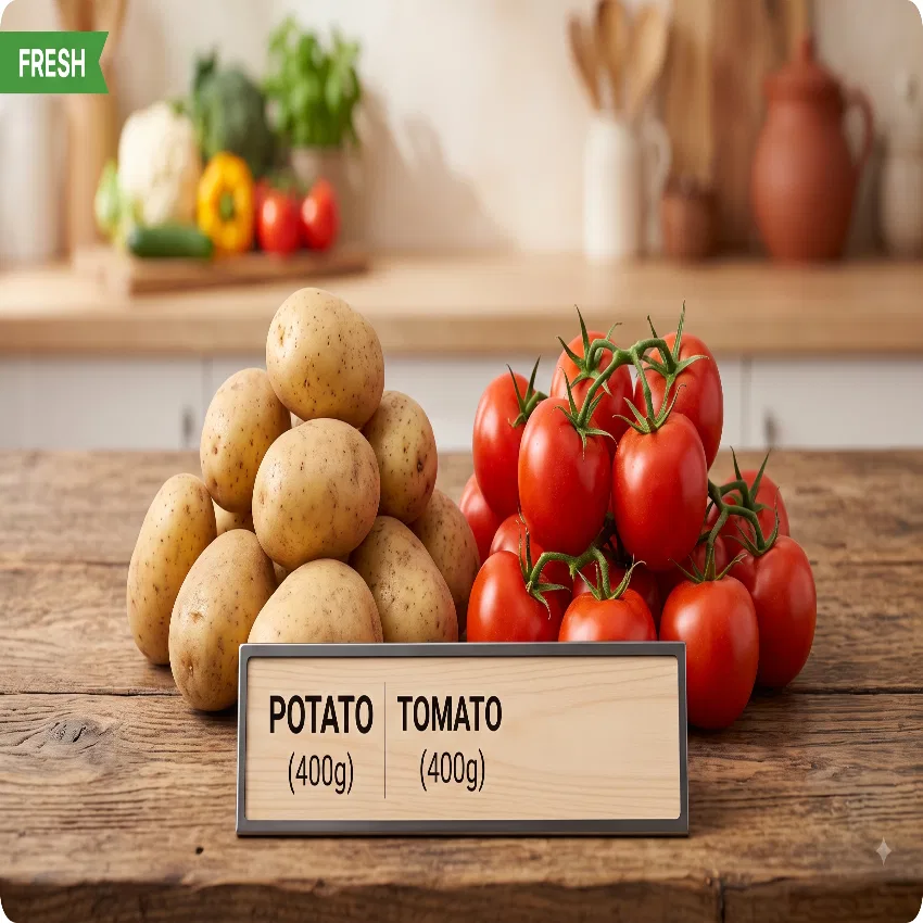 Potato 400 gram + Tomato 400 gram @ Rs29.