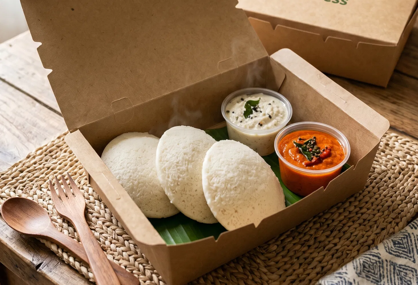 Idli with Coconut  & Tomato red chilli chutney