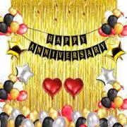 Happy Anniversary Banner Combo With Foil Curtain ,Star , Metallic Balloon(Red,Silver)