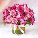 Purple Orchids & Pink Roses In Round Vase – image 1
