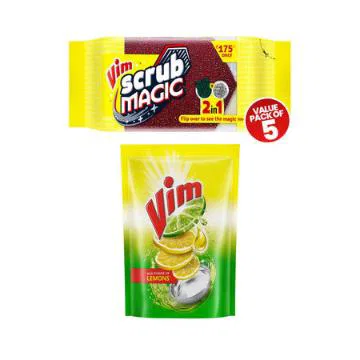 Vim Magic Scrub(5pc) & Vim Dishwash Liquid Gel Lemon Pouch(900ml) Combo