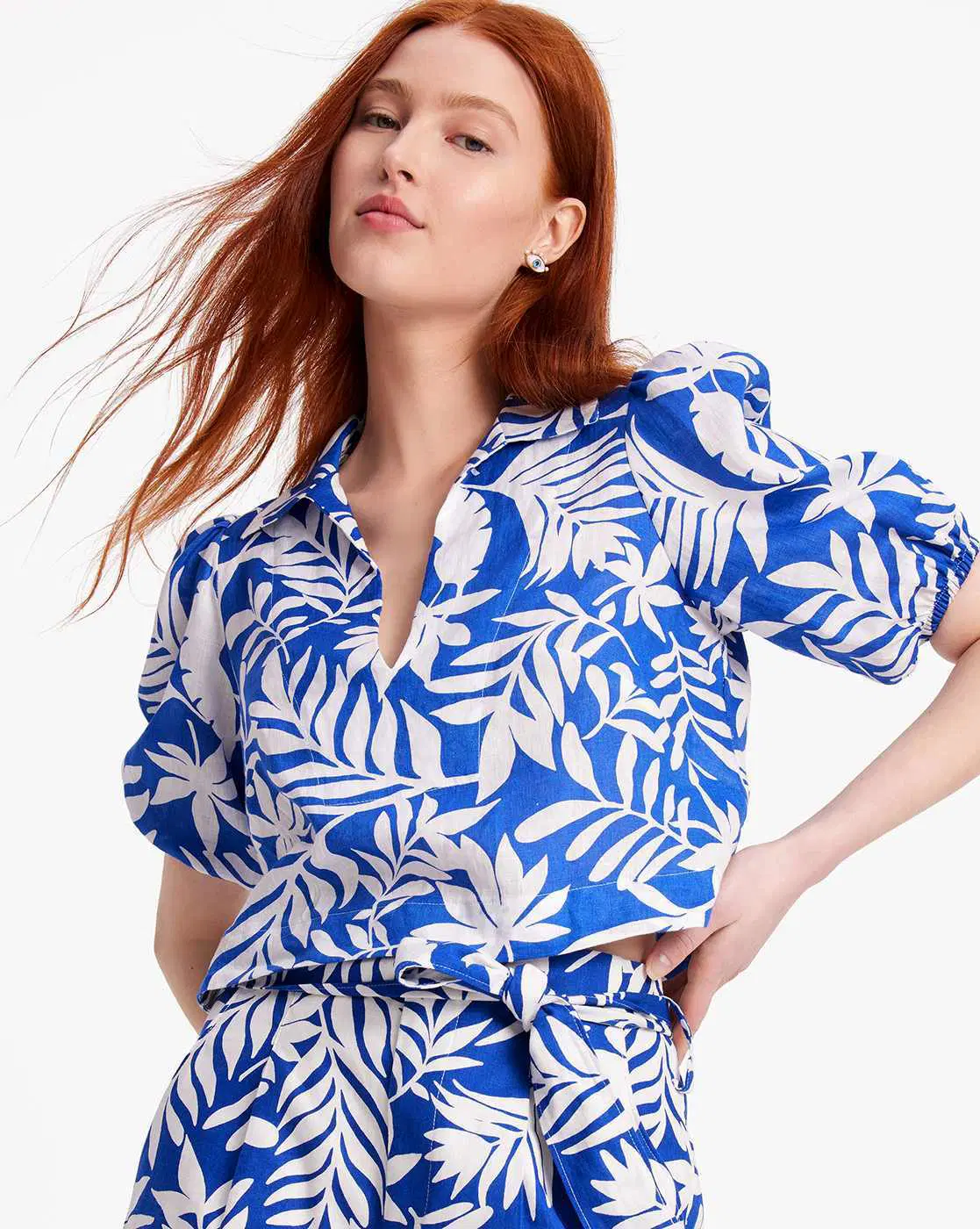 Kate Spade Tropical Foliage Linen Puff-Sleeves Top