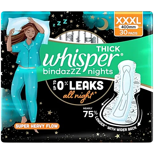 Whisper Bindazzz Nights Sanitary Pads - Thick, XXXL, 30 pcs