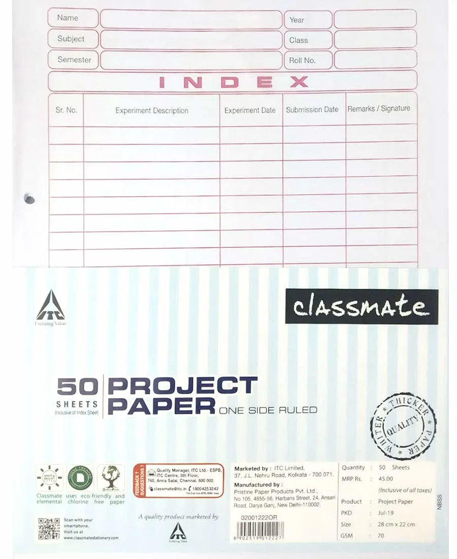 Classmate 70 GSM Project Paper One Side Ruled (Single Line/Blank) 50 Sheets
