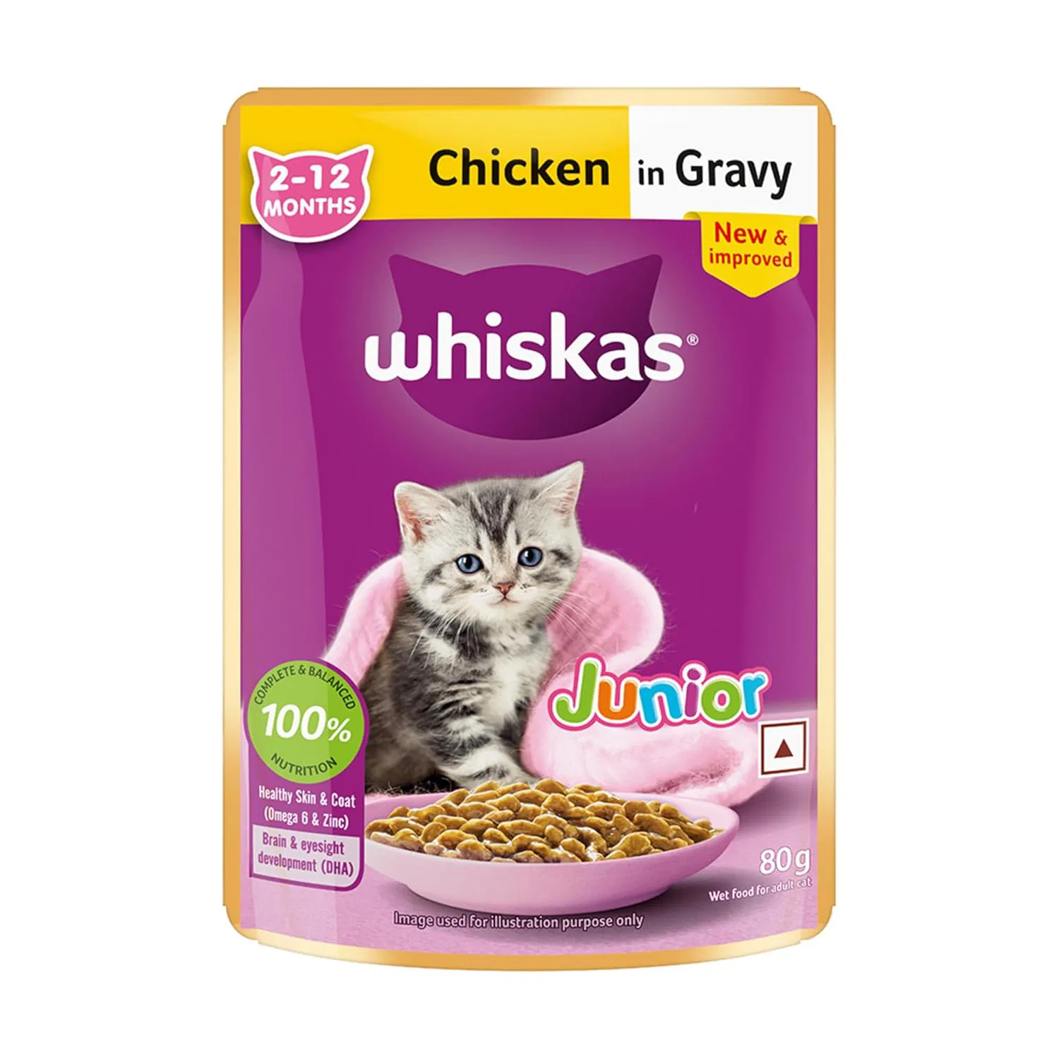Whiskas Junior Kitten (2-12 Months) Wet Cat Food, Chicken in Gravy, 80 g