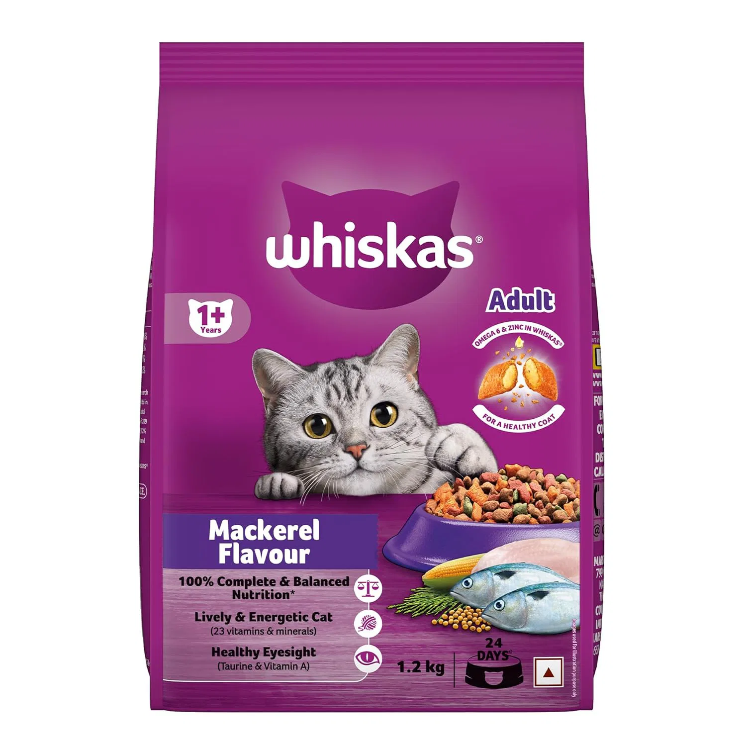 Whiskas Adult (1+ Years) Dry Cat Food, Mackerel Flavour, 1.2 kg
