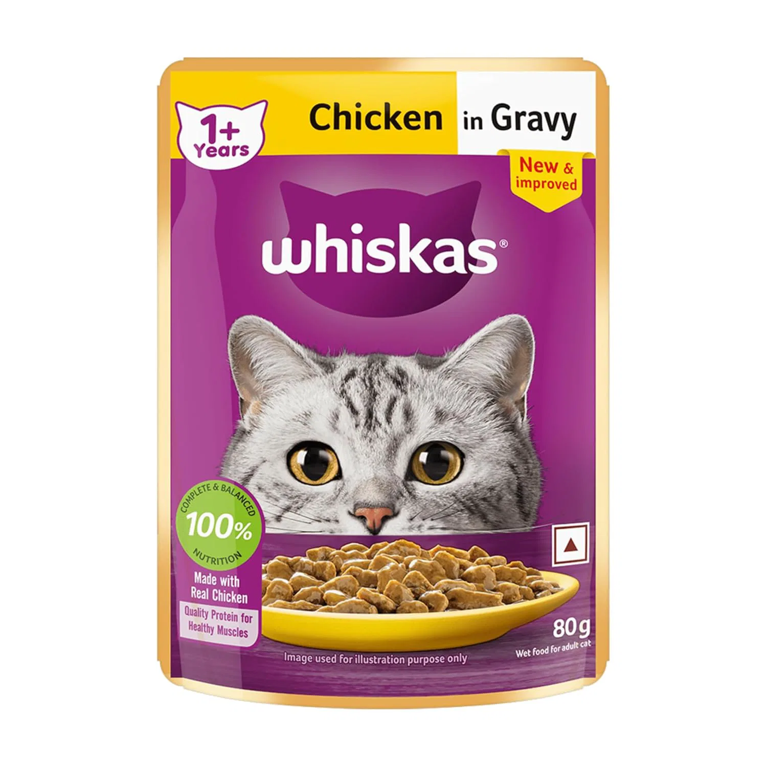 Whiskas Adult (1+ Years) Wet Cat Food, Chicken in Gravy, 80 g