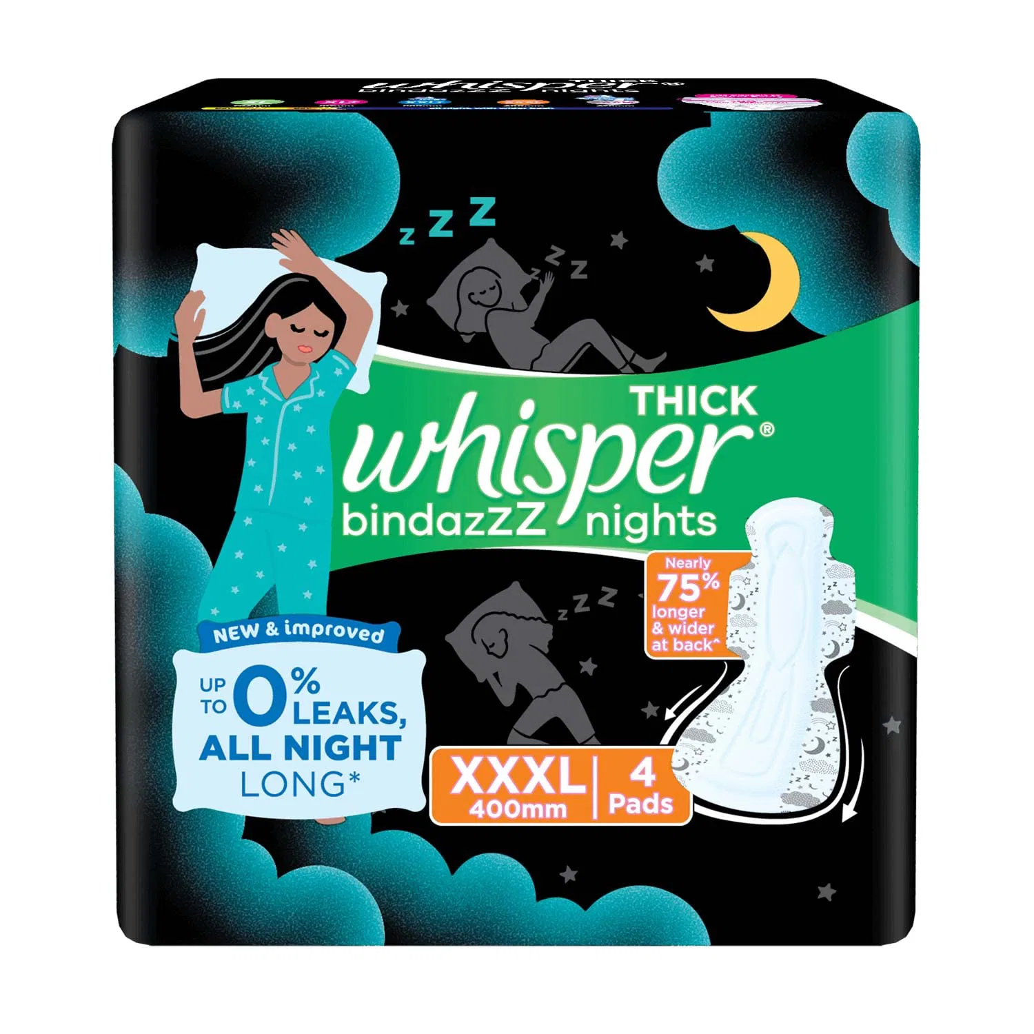 Whisper Bindazzz Nights Sanitary Pads - Thick, XXXL, 4 pcs