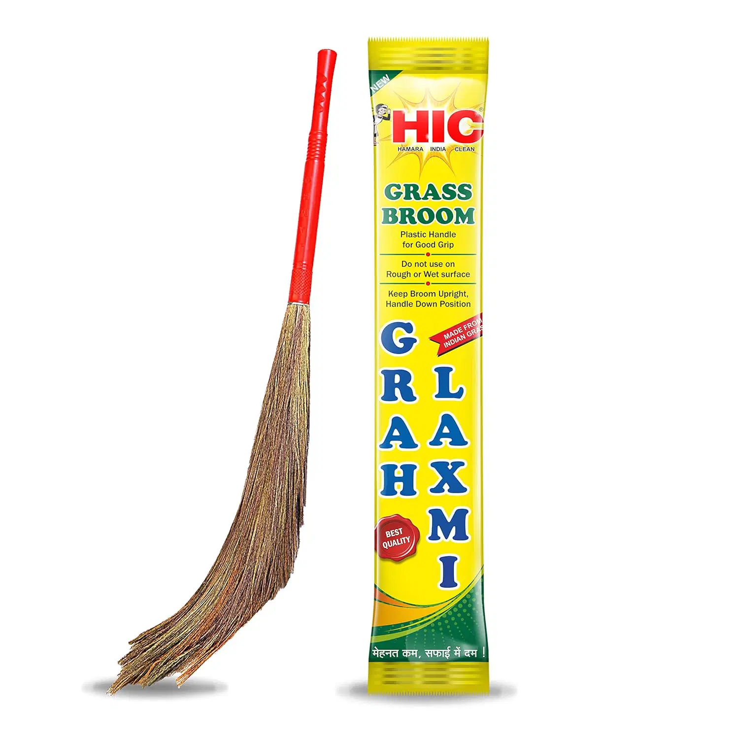 HIC Grah Laxmi Grass Broom Stick I Long Lasting I Eco-Friendly I Plastic Handle YI 466