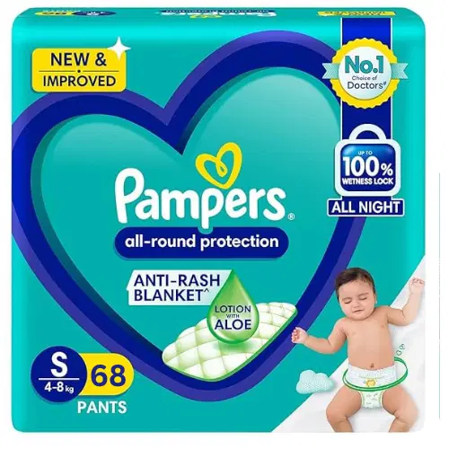 Pampers All Round Protection Pants Style Baby Diapers, Small Size (S) 68 Count, 4-8 kg (FREE 10 PC INSIDE)