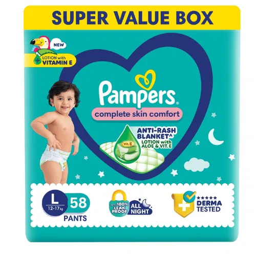 Pampers Complete Skin Comfort Pants, Anti-Rash Blanket, Large Size (L) 58 Count, 9-14Kg