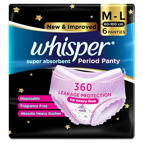 Whisper Super Absorbent Period Panty, 6 M-L Pants, 360 Degree Leakage