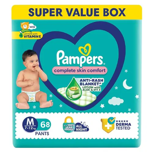 Pampers Complete Skin Comfort Pants, Anti-Rash Blanket, Medium Size (M) 68 Count, 7-12Kg
