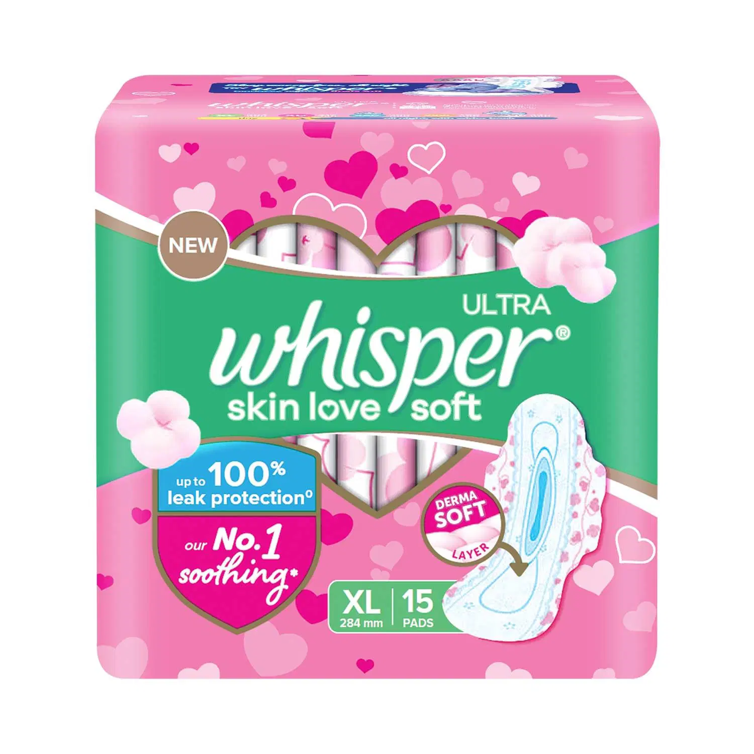 WHISPER ULTRA SKIN LOVE SOFT SANITARY PADS, XL 15 PADS