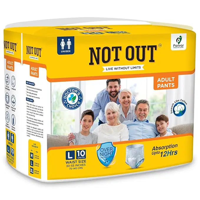 Not Out Adult Diaper Pants, Large (Waist 30-55 inches | 75-140 cm) | Comfortable, Leak-Proof, Odour Control Incontinence Pants, Pack of 1, Count 10