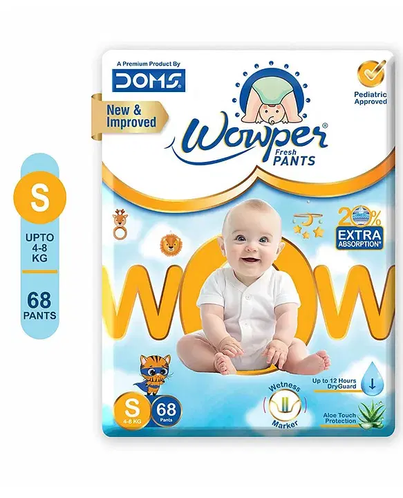 Wowper Fresh Baby Diaper Pants By DOMS |  Upto 12 Hrs Absorption | 4-8 Kg | S  (68 Pieces)
