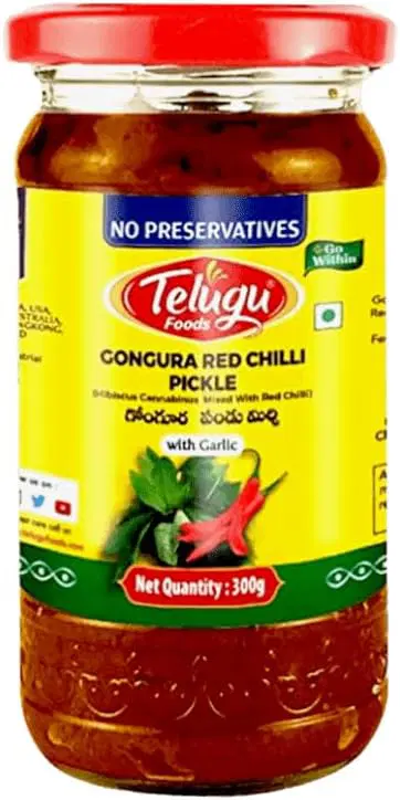 Telugu Foods Gongura Red chilli Pickle(With Garlic) 300 gms