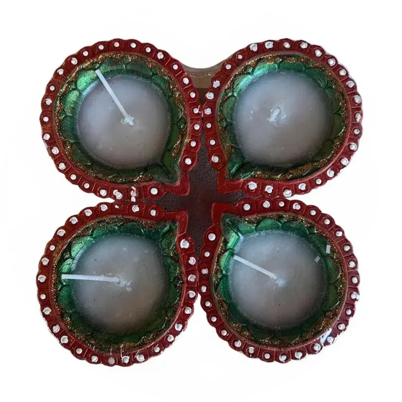 Diwali Designed Clay Diya With Wax 4peices