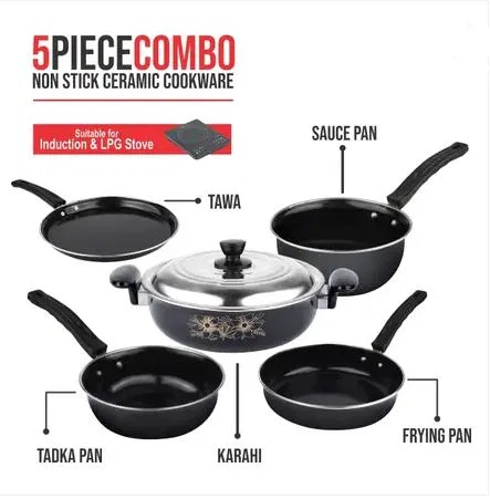 Kadhai With Lid,, Fry Pan, Sauce Pan, Tadka Pan & Tawa Induction Bottom Non-Stick Coated Cookware Set  (Cast Iron, Iron, 5 - Piece)