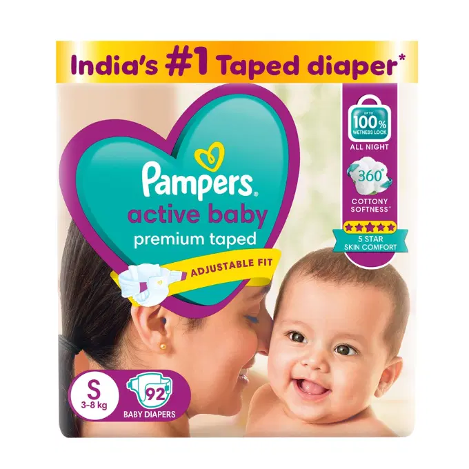  Pampers Active Baby Taped Diapers, Small size diapers, (S) 92 count