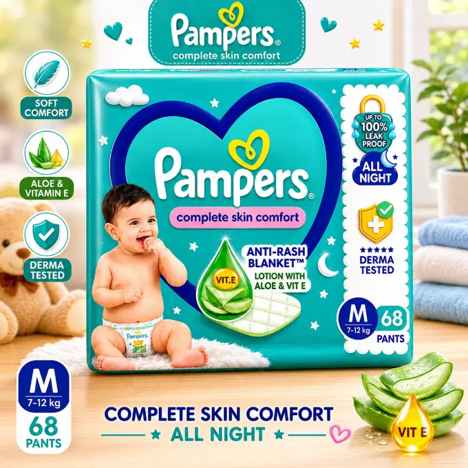 Pampers Lotion With Aloe Medium Size Baby 68 Diaper Pant Diapers - M (68 Pieces)