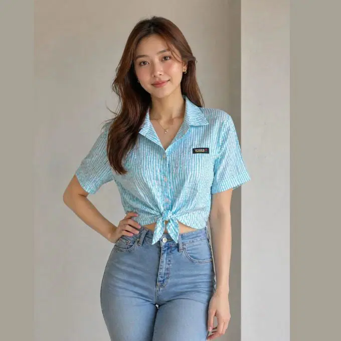 Girls Sky Blue Striped Tie-Front Crop Shirt | XL | Cotton material | Korean & chinese crop top |