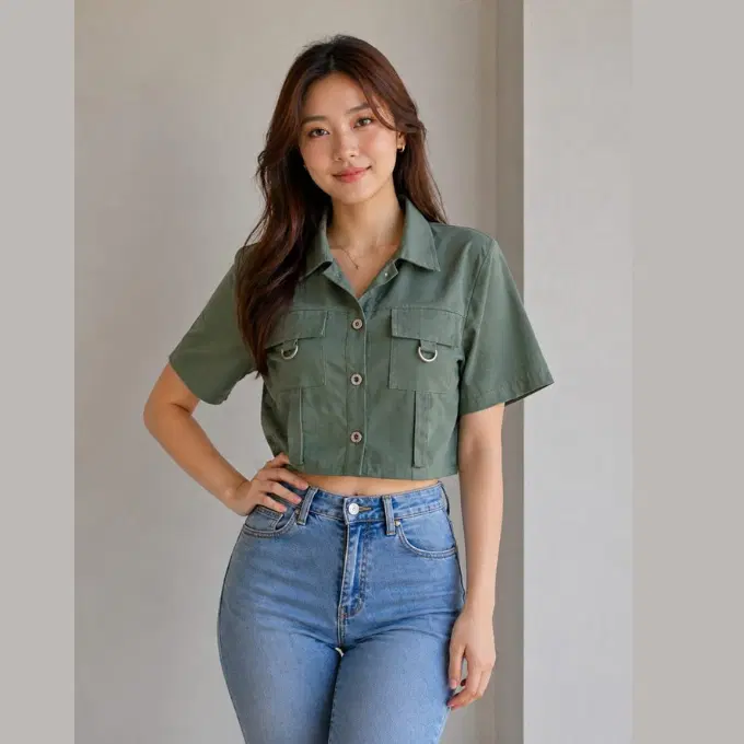 Girls Olive Green Cropped Utility Shirt Top | xl | korean & chinese crop top | cotton material