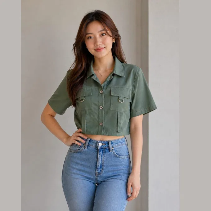 Girls Olive Green Cropped Utility Shirt Top | xl | korean & chinese crop top | cotton material