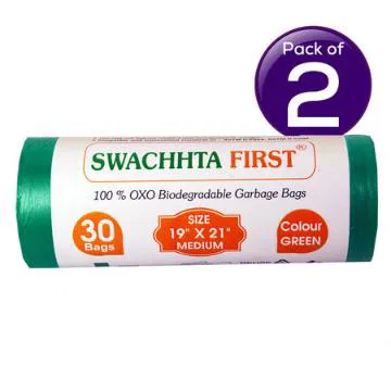 Swachhta First Garbage Bags - Oxo Bio Degradable Medium ,Green (19 x 21 Inches) 30 pc X 2 Combo