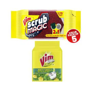 Vim Magic Scrub(5pc) & Vim Extra Anti Smell With Pudina Dishwash Bar(1kg) Combo