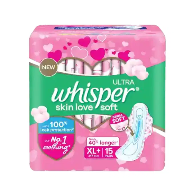 Whisper Ultra Skin Love Soft Sanitary Pads, 15 XL Pads, Cottony