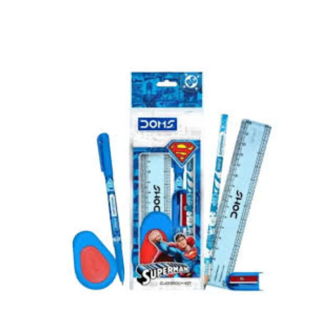 Doms Superman Kit - 1 Pencil 1 Eraser 1 Scale 1 Pencil Sharpener 1 Ball Point Pen / Doms gift set 