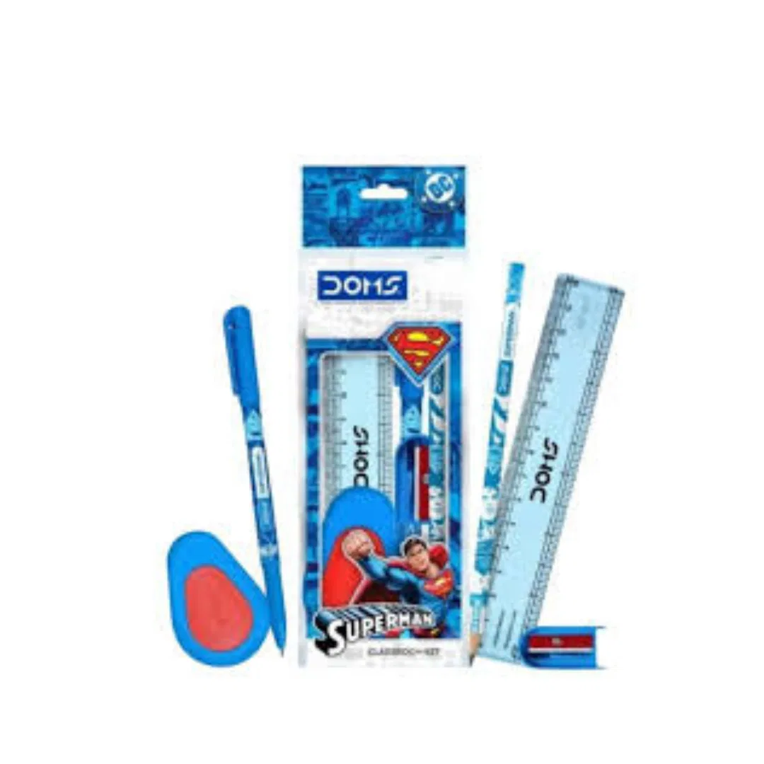 Doms Superman Kit - 1 Pencil 1 Eraser 1 Scale 1 Pencil Sharpener 1 Ball Point Pen / Doms gift set 