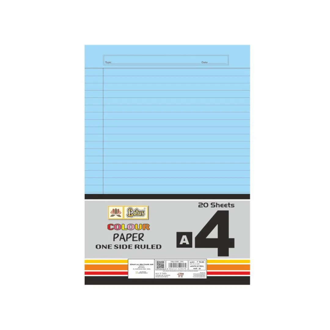 Lotus Plain multicolour paper / one side rule a4 sheets / ( A4 size 20 sheets  ) / colourful a4 sheets for project / file pages