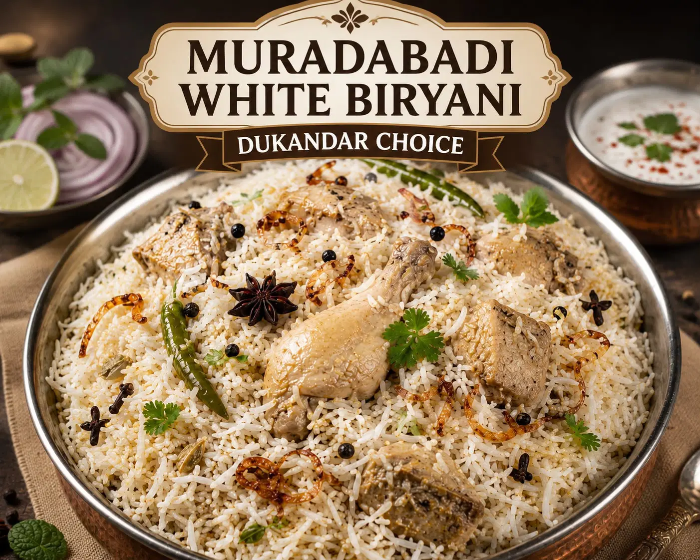 White Muradabadi Biryani, Mildly Spiced, 500g (With 3 Chicken Pieces)