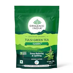 Organic India Green Tea TulsI Classic, 100g Pouch, Stress Relieving & Uplifting